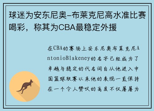 球迷为安东尼奥-布莱克尼高水准比赛喝彩，称其为CBA最稳定外援